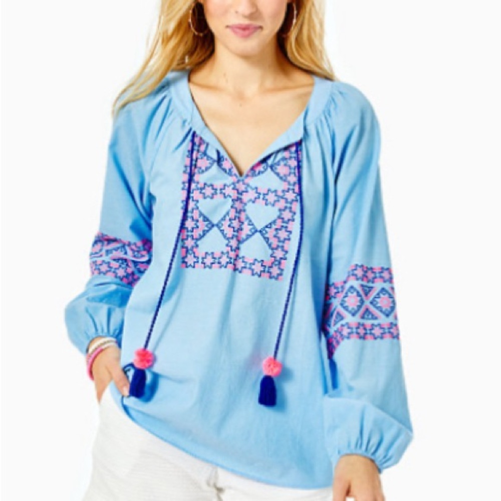 Lilly Pulitzer Blue Embellished Long Sleeve Blouse